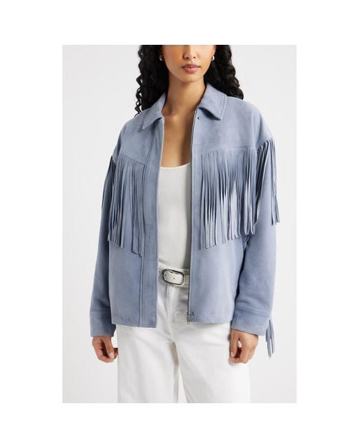 Open Edit Blue Fringe Suede Jacket