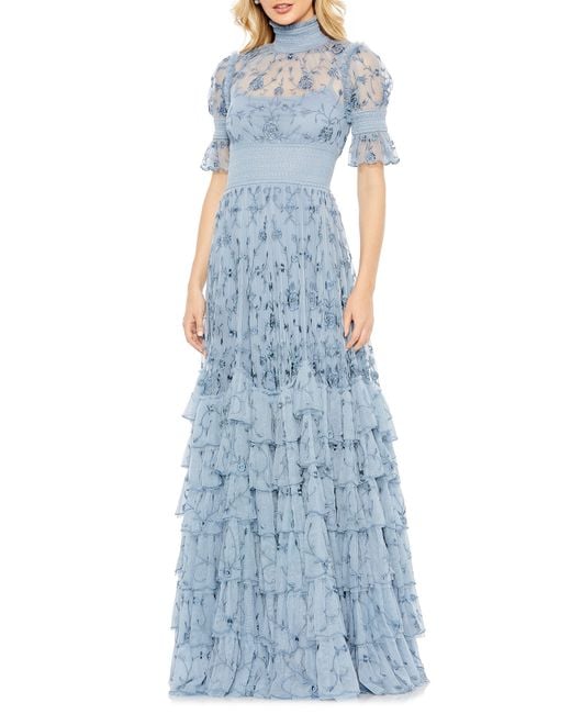 Mac Duggal Blue Floral Embroidered Tiered Ruffle Gown