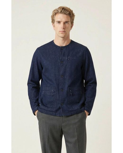 Modenaire Blue Collarless Button Front Utility Pocket Jacket