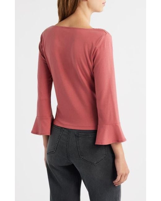 Reformation Red Effie Ruched Detail Long Sleeve Knit Top