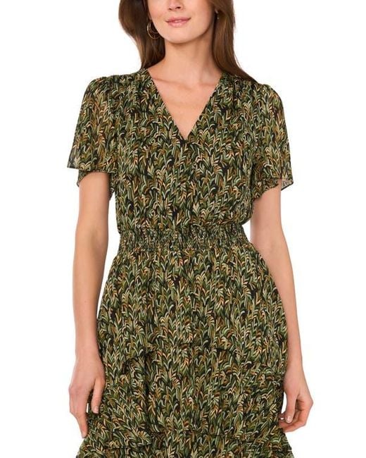 Vince Camuto Green V-Print Georgette Tiered Dress