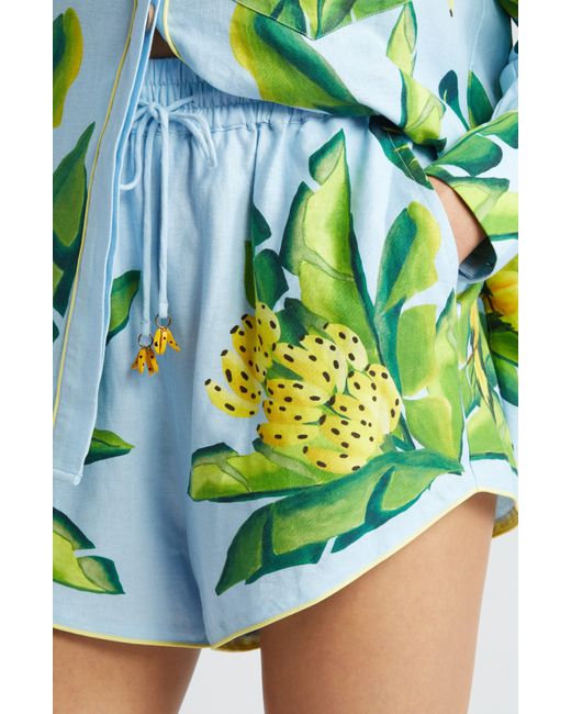 Farm Rio Green Summer Foliage Print Linen Blend Shorts