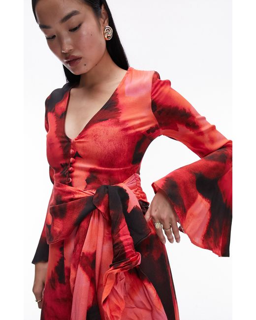 TOPSHOP Red Tie Dye Long Sleeve Midi Dress