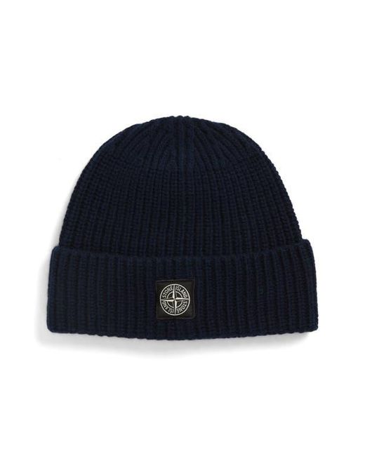 Stone Island Blue Logo Patch Virgin Wool Rib Beanie for men