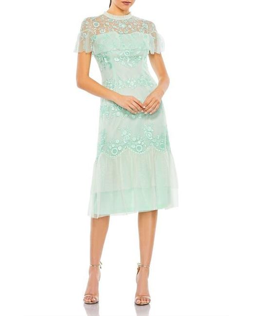 Mac Duggal Green Embroidered Ruffled Cap Sleeve Midi Dress