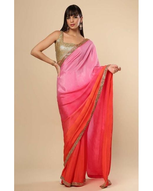 One Minute Saree Red Chandini Ombre Modal Satin With Sequins Border Ready To Wear Saree