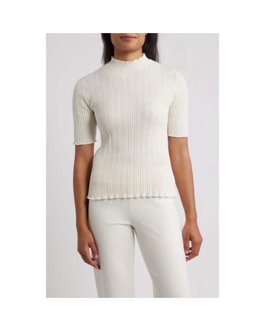 Anne Klein White Mock Neck Short Sleeve Cotton Blend Sweater