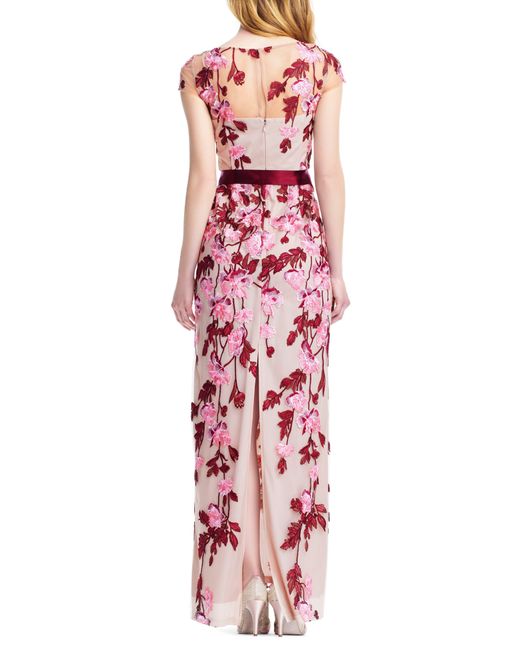 Adrianna Papell Red Floral Cascading Column Gown