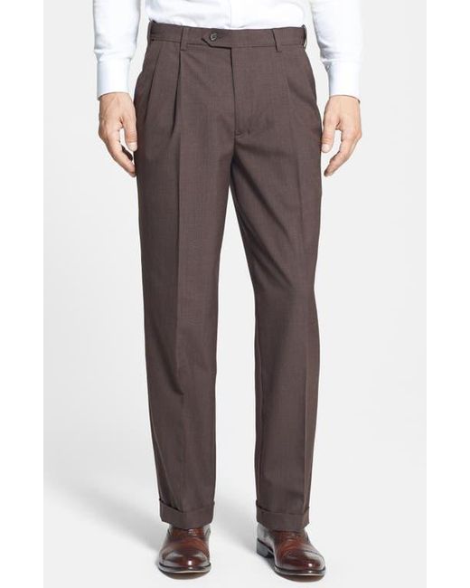 Berle Gray Self Sizer Waist Plain Weave Pleated Washable Trousers for men
