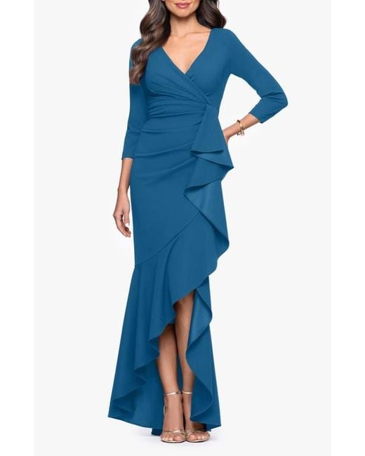 Betsy & Adam Blue Ruffle Scuba Crepe Faux Wrap High-Low Mermaid Gown