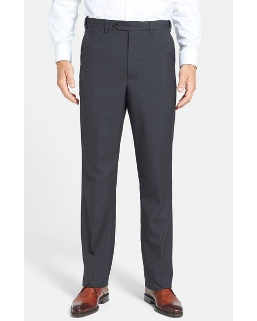 Berle Blue Self Sizer Waist Plain Weave Flat Front Washable Trousers for men