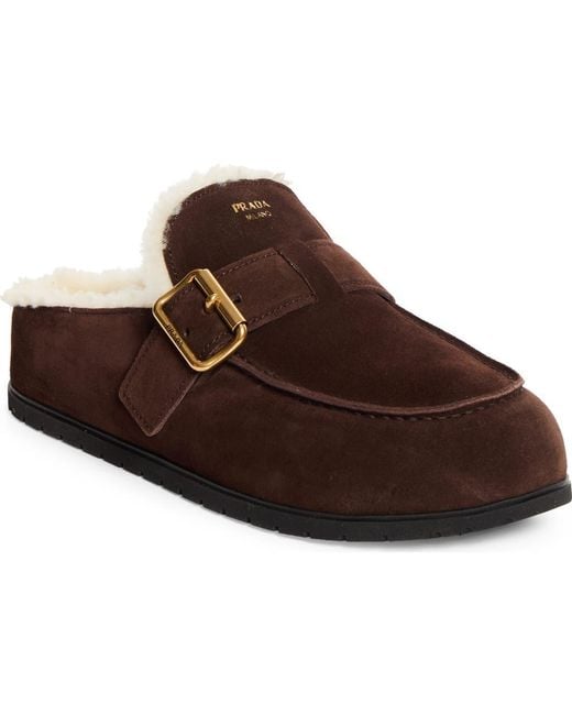 Prada Brown Genuine Shearling Buckle Mule