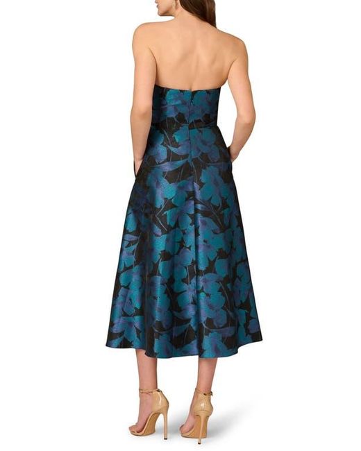 Aidan Mattox by Adrianna Papell Blue Floral Jacquard Strapless Midi Cocktail Dress