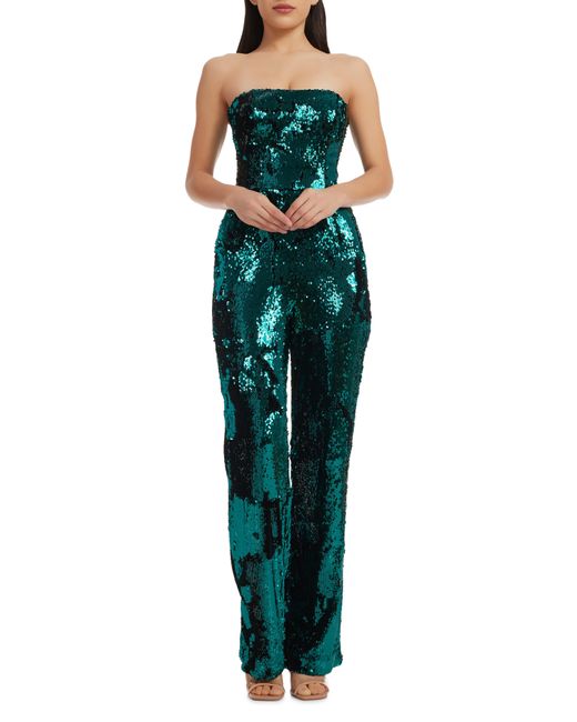 Dress the Population Green Andy Sequin Strapless Jumpsuit