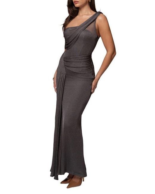 JLUXLABEL Gray Drape Metallic One-Shoulder Gown