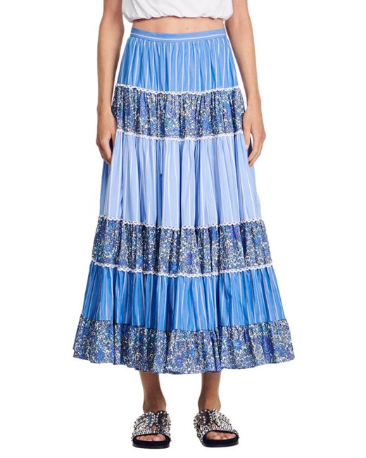 Sandro Blue Mixed Print Tiered Cotton Skirt