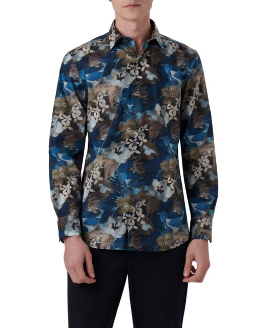 Bugatchi Blue Julian Shaped Fit Watercolor Floral Print Stretch Cotton Button-up Shirt for men