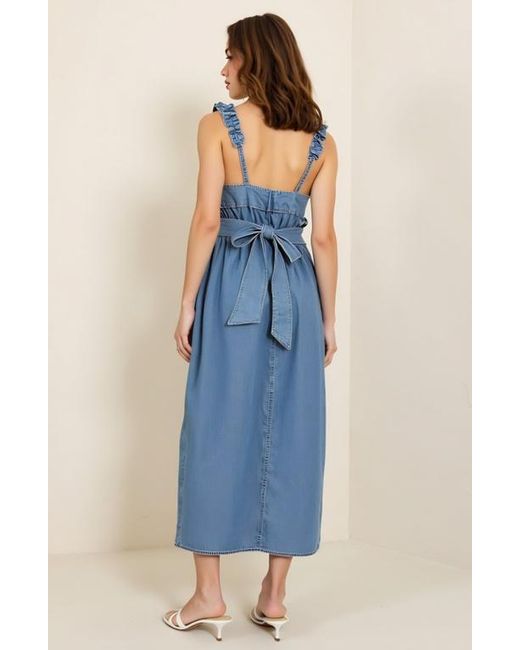 Modenaire Blue Smocked Ruffle Strap Square Neck Flowy Midi Dress