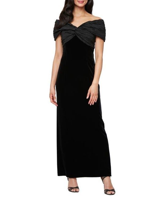 Alex Evenings Black Off The Shoulder Taffeta & Velvet Sheath Gown