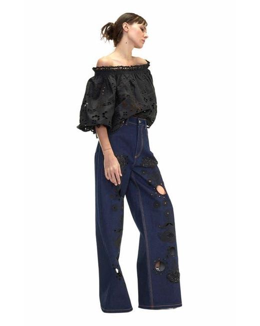 Cynthia Rowley Blue Embroidered Wide-Leg Jean