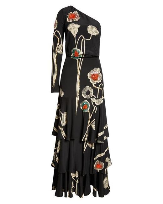 Johanna Ortiz Poesia De Paz Sequin Poppy One-Shoulder Silk