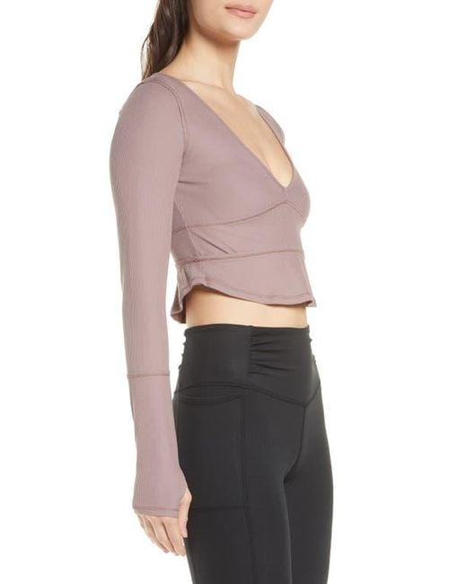 Free People Gray Free People Fp Movement Bow Down Long Sleeve Crop Top