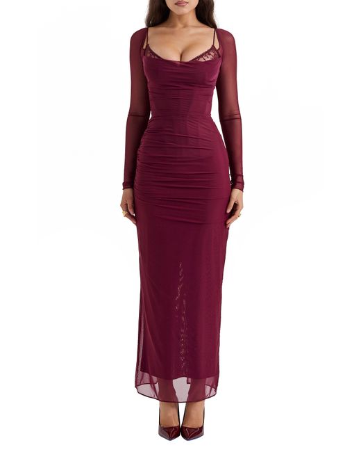 House Of Cb Red Katrina Lace Mesh Long Sleeve Gown