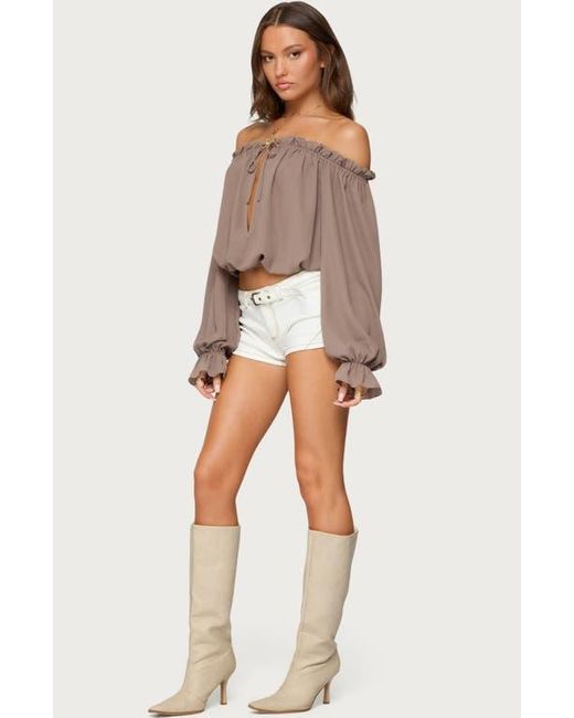 Edikted Brown Juna Off The Shoulder Ruffle Chiffon Top