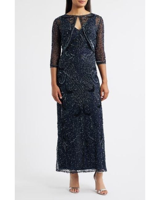 Pisarro Nights Blue Beaded Sequin Embellished Mesh Column Gown With Jacket