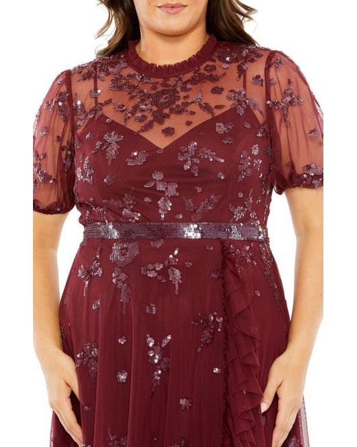 Mac Duggal Red High Neck Puff Short Sleeve Embellished Faux Wrap