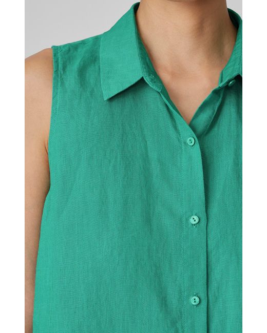 Eileen Fisher Green Classic Sleeveless Organic Linen Button-up Shirt