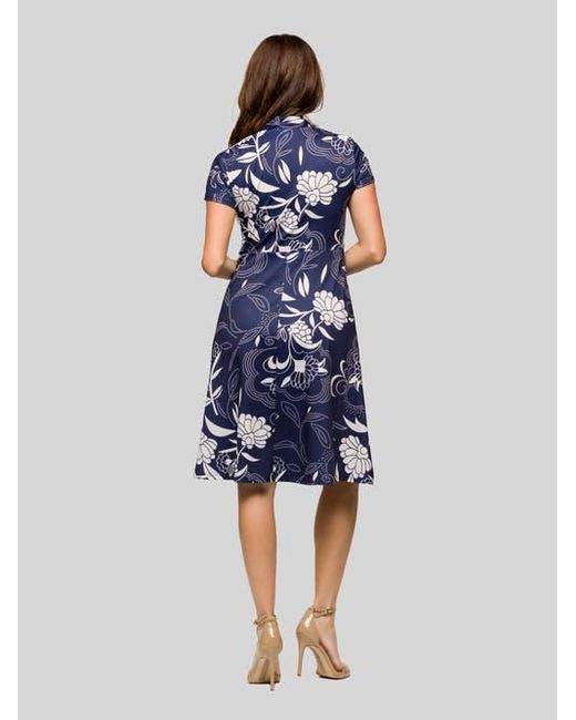 24seven Comfort Apparel Blue Print Short Sleeve Knee Length V-Neck Wrap Dress
