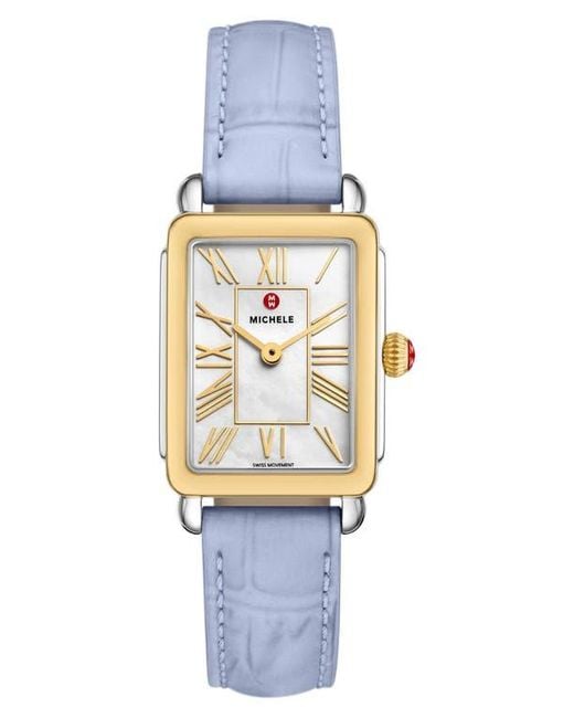 Michele Women's White Deco Park Two-Tone Mother-Of-Pearl Tank Leather Strap Watch 23Mm X 29Mm