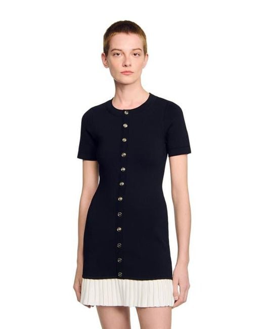 Sandro Mini Knit Dress With Ruffle in Blue | Lyst