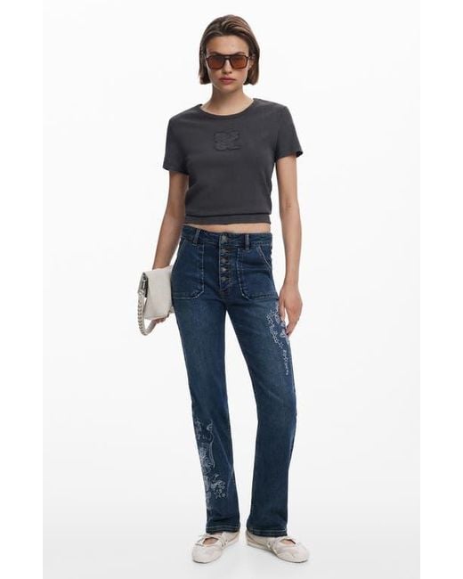Desigual Blue Embroidered Detail Exposed Button-Fly Jeans