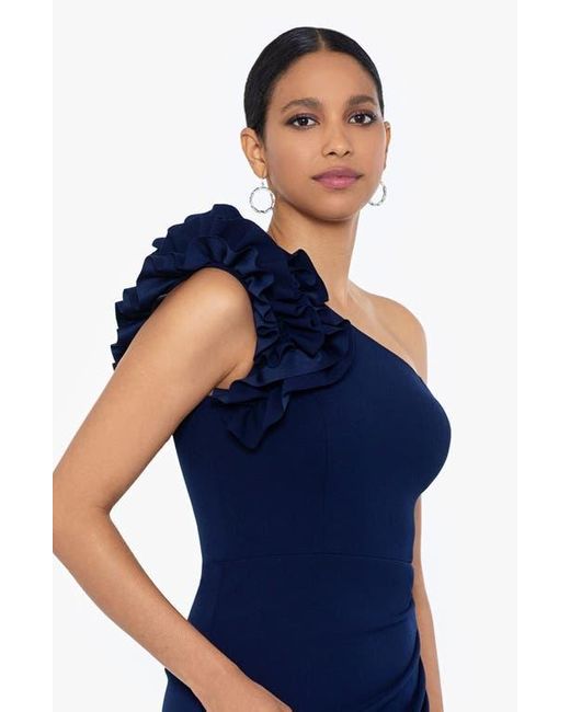 Xscape Evenings Blue Ruffle One-Shoulder Scuba Crepe Gown