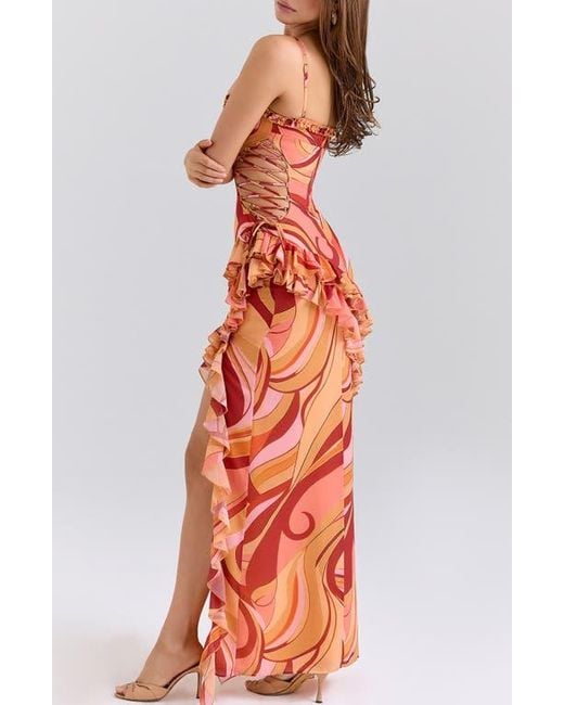 House Of Cb Orange Lumira Print Ruffle Gown