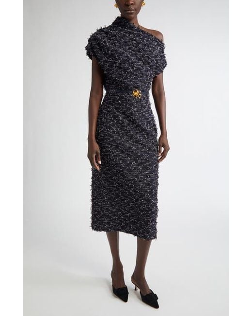Oscar de la Renta Asymmetric Belted Eyelash Tweed Dress in