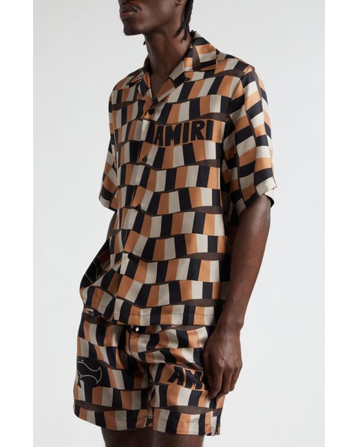 Amiri Brown Snake Checkerboard Silk Camp Shirt for men