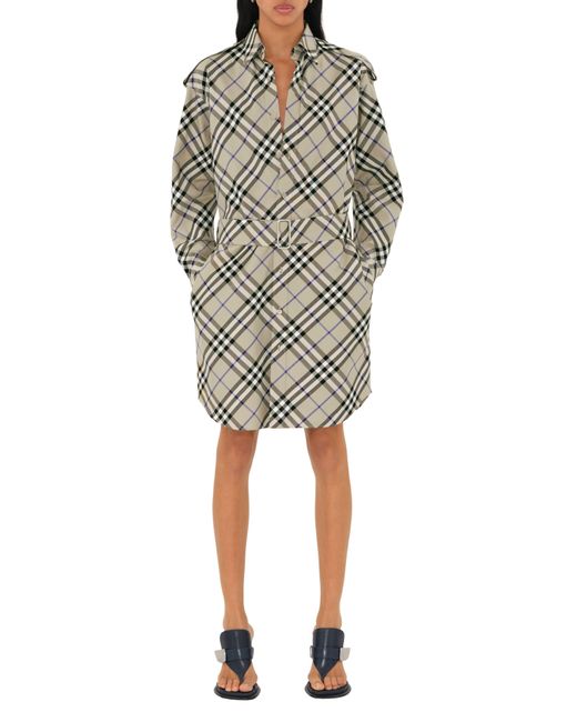 Burberry Multicolor Check Long Sleeve Belted Cotton Twill Shirtdress