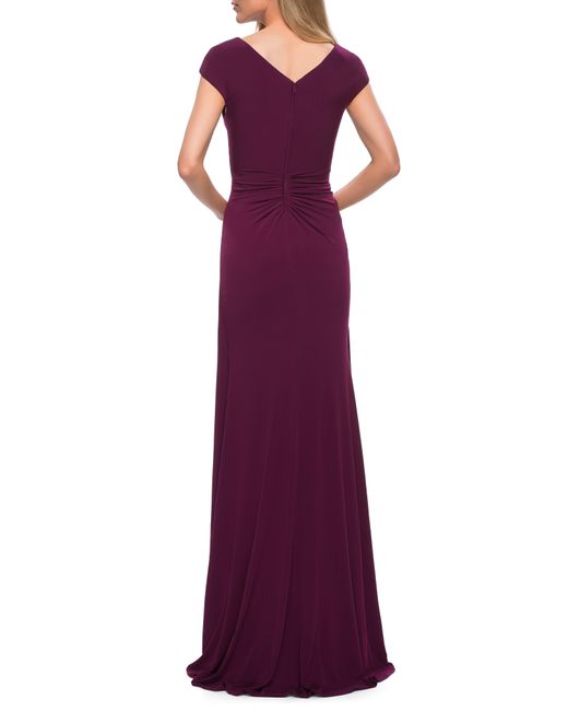 La Femme Purple Ruched Jersey Sheath Gown