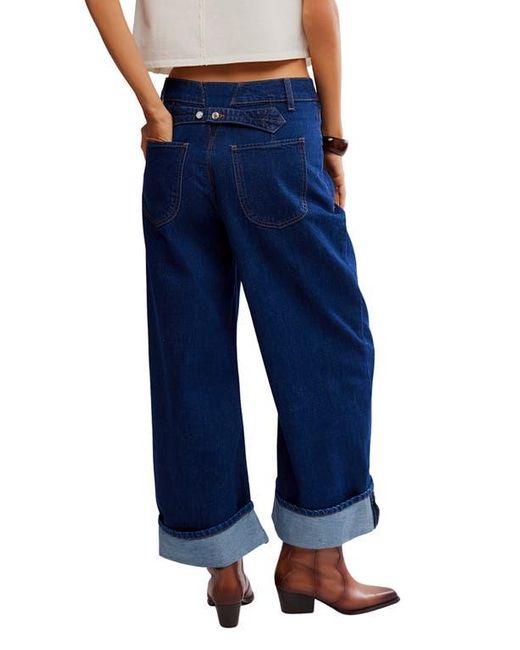 Free People Blue Alia Cuffed High Waist Wide Leg Jeans