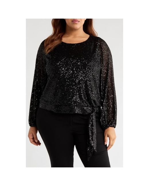 Tahari Black Sequin Tie Hem Top