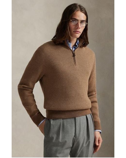 Polo Ralph Lauren Brown Textured Wool Quarter Zip Sweater for men