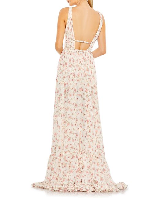 Mac Duggal Natural Floral Print Sleeveless Ruffle Gown