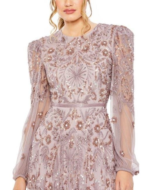 Mac Duggal Purple Puff Sleeve Embellished A-Line Gown