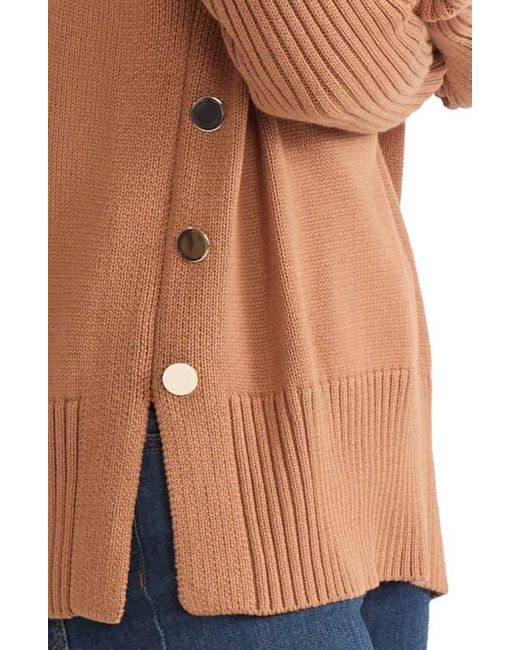 Jones New York Blue Button Detail Rib Funnel Neck Sweater