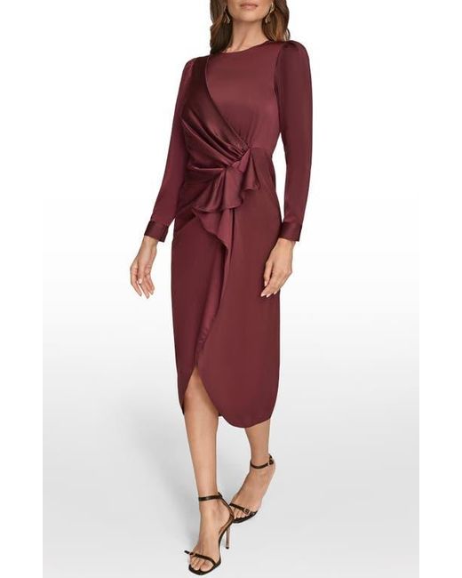 Donna Karan Red Long Sleeve Satin Faux Wrap Dress