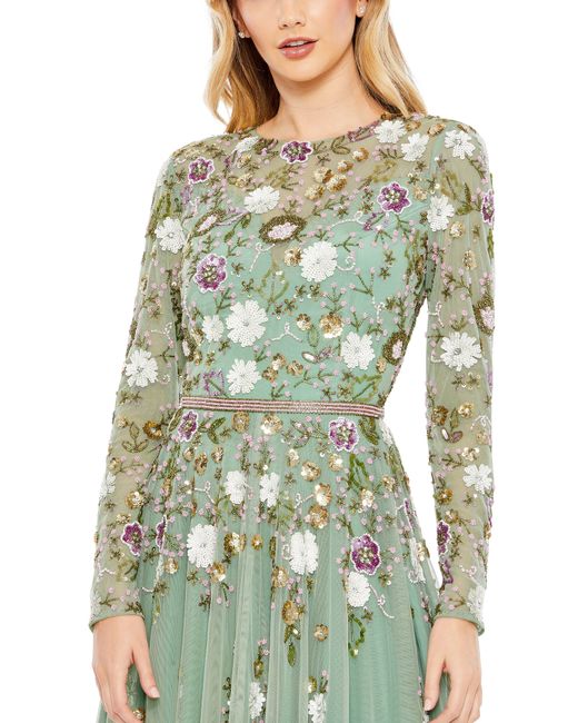 Mac Duggal Green Sequin Floral Long Sleeve Mesh Dress