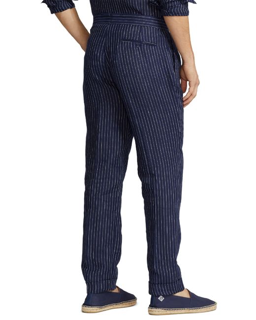 Ralph Lauren Purple Label Blue Glenn Pinstripe Cuff Hem Linen Trousers for men